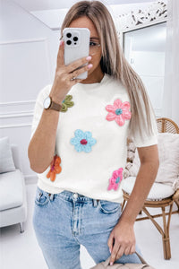 White Cute Flower Applique Short Sleeve Sweater