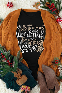 Black Wonderful Christmas Season Leopard Graphic Tee