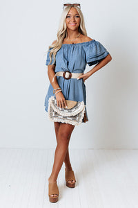 Women's Off-shoulder Ruffle Sleeves Chambray Dress