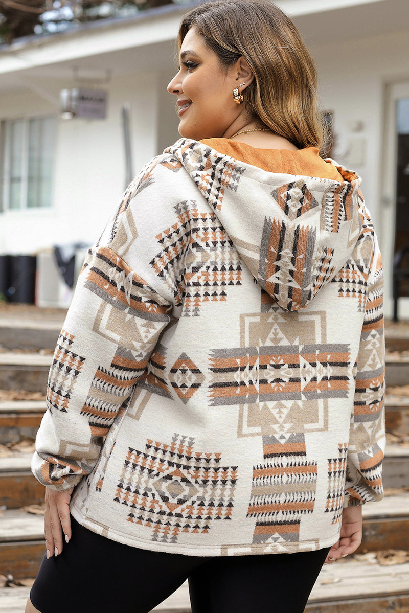 Beige Aztec Print Kangaroo Pockets Plus Size Hoodie