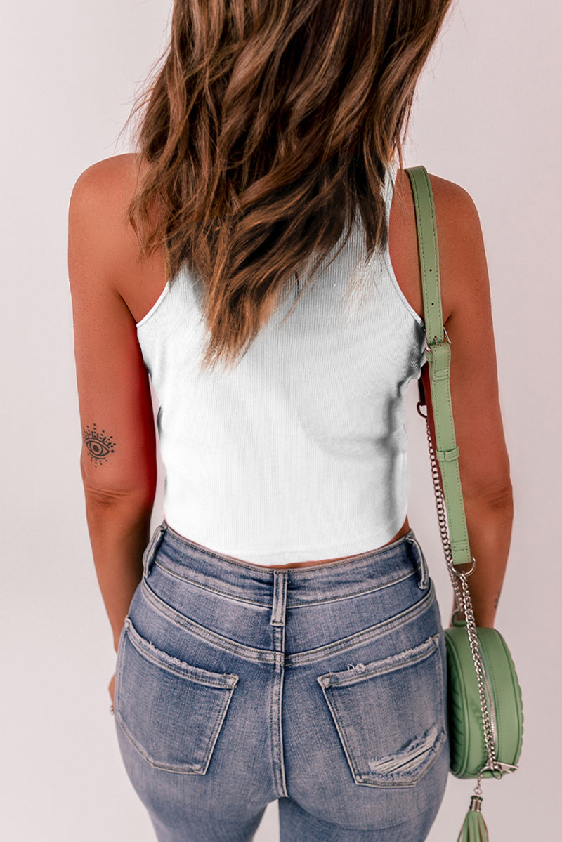 White Rib Knit Crew Neck Sleeveless Crop Top