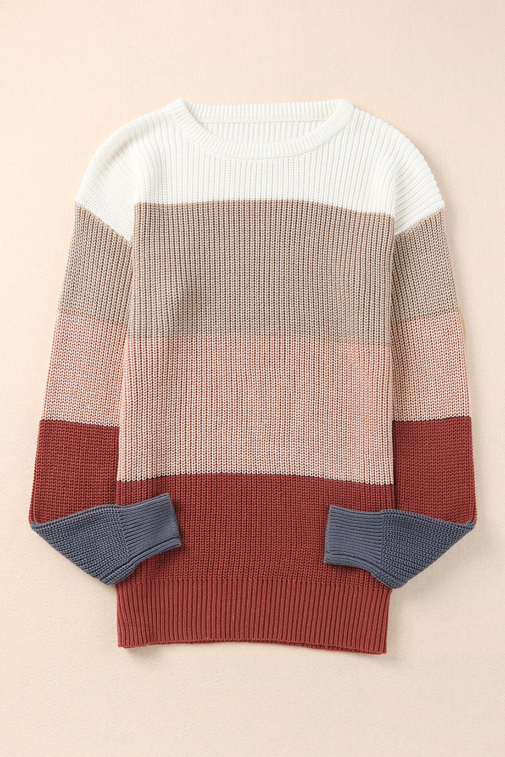 Chestnut Color Block Knitted O-neck Pullover Sweater