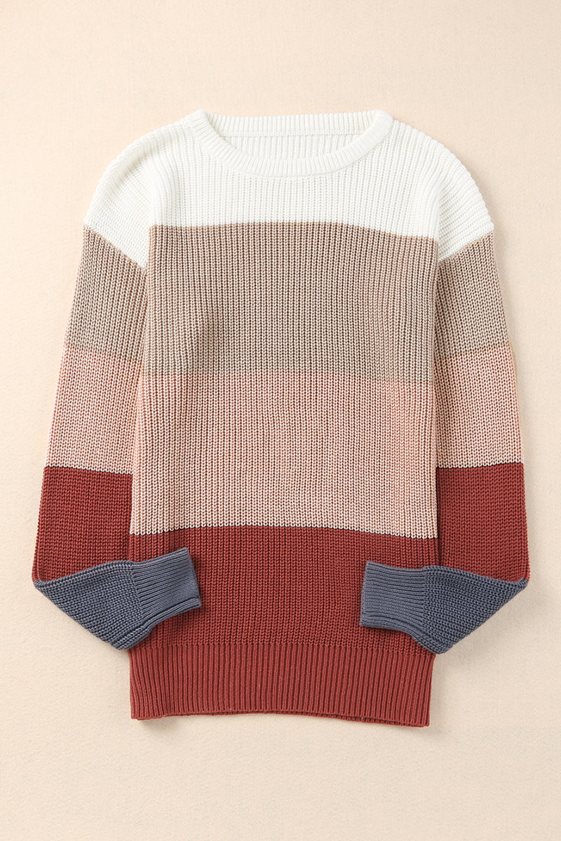 Chestnut Color Block Knitted O-neck Pullover Sweater