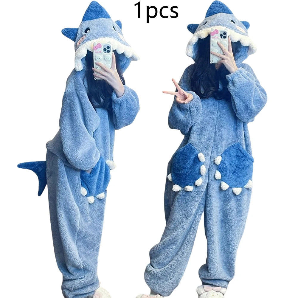 Cartoon Cute Shark Women's Hooded Sleepwear Kigurumi Unicorn Winter Cosplay Pijama jumpsuit Female Christmas Party Loungewear