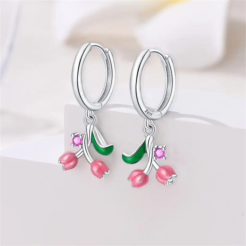 Fresh Spring Women's 925 Sterling Silver Tulip Rose Bee Fruit Original Design Earrings Fit Engagement Party Exquisite Jewelry