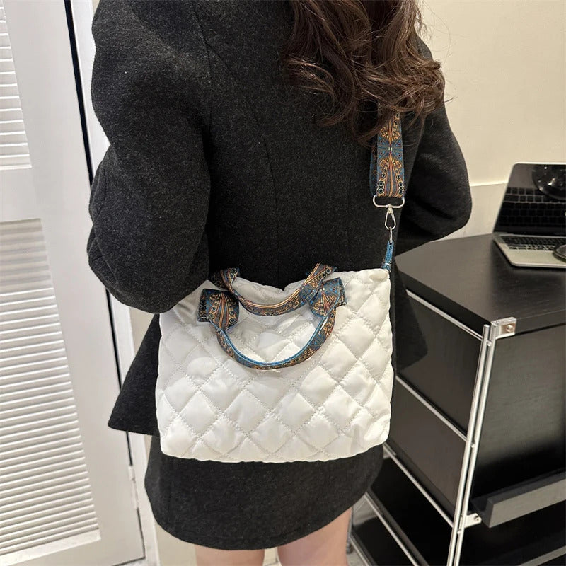 Women Wide Shoulder Belt Handbag Fall/Winter Rhombus Space Cotton Shoulder Bag Large Capacity All-Match Shopping Tote Bag