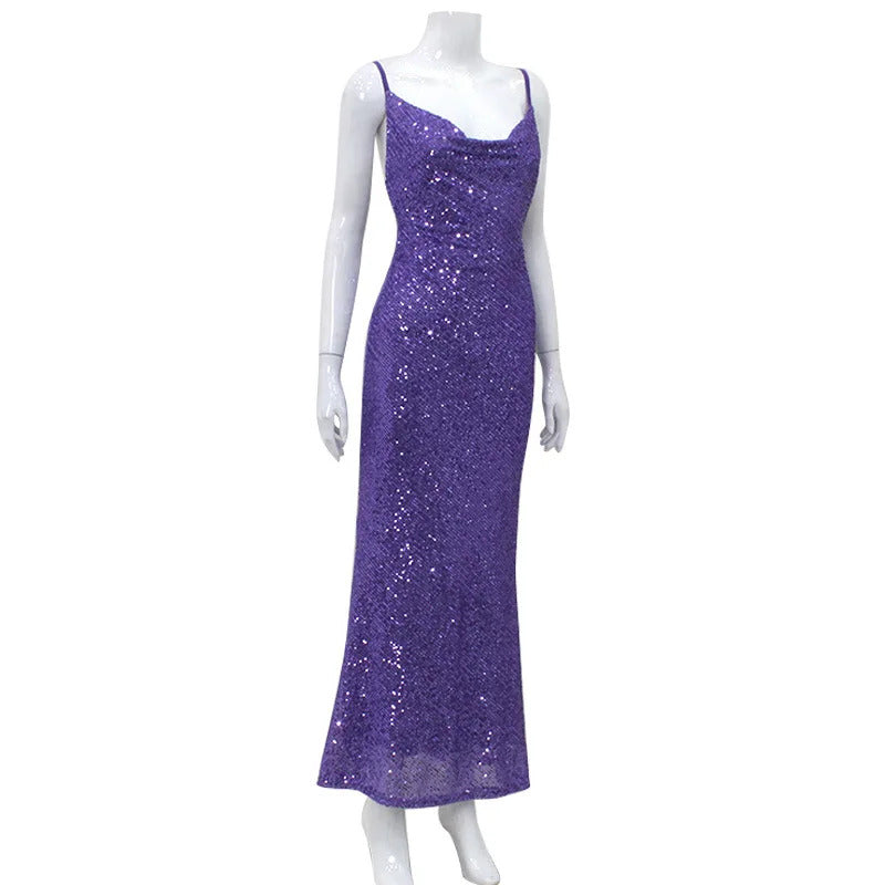 Ladies Autumn Bling Glitter Sequins New Fashion Evening Party Dress Women Sleeveless Backless Maxi Dresses Clubwear Fall Outfits