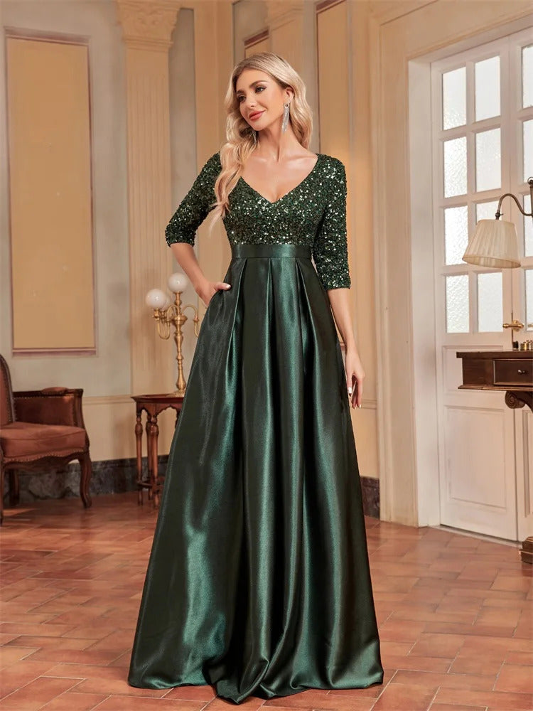 Lucyinlove Elegant Short sleeve Sequins Evening Dress 2024 Women Satin Prom Party Green Dress Floor Length Formal Cocktail Gown