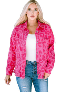 Pink Leopard Print Button Cuffs Raw Hem Jacket