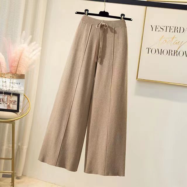 Knitted pants women spring and autumn high waist elastic drape drawstring loose casual mopping pants straight wide leg pants