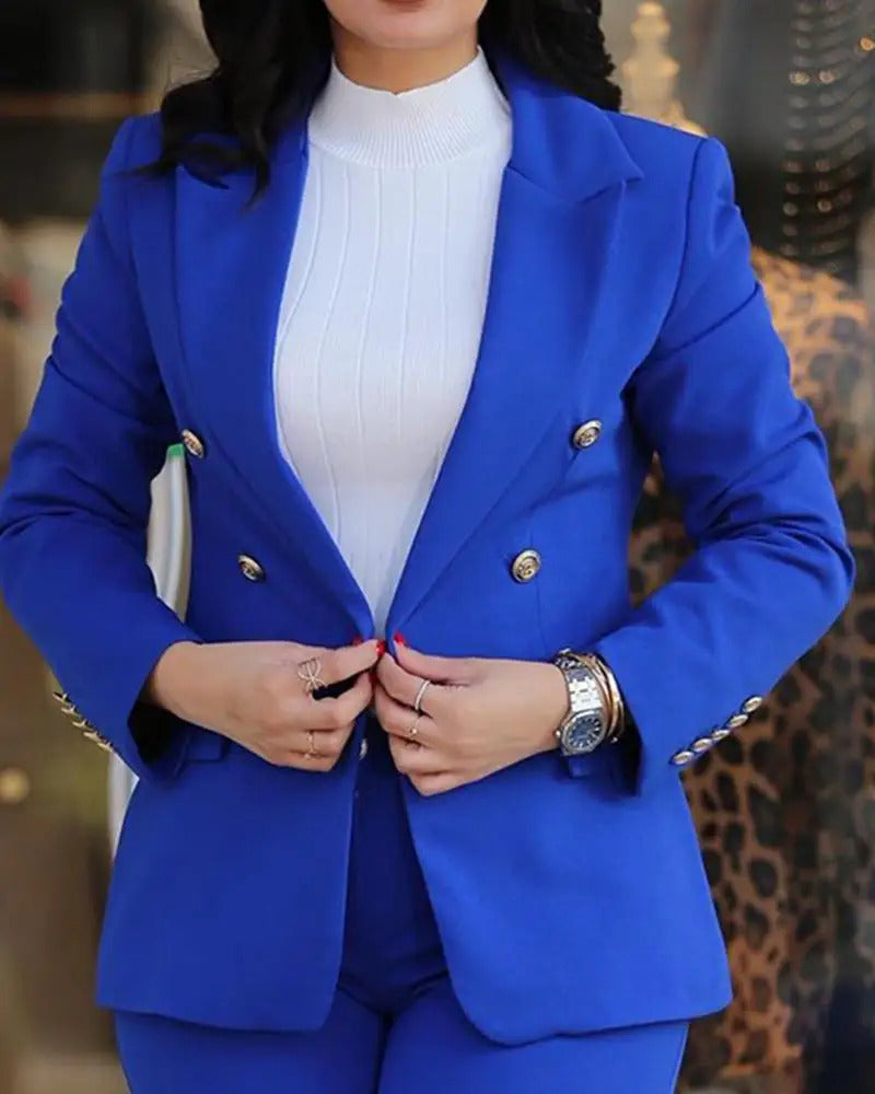 New 2025 Formal Office Pant Sets Women 2PCS Double Breasted Solid Blazers Jacket and Pants Two Pieces Set Female Pant Suits Sets