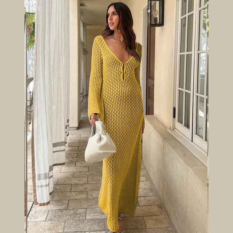 Tossy White Knit Fashion Cover up Maxi Dress Female See-Through V-Neck Hollow Out Beach Holiday Dress Knitwear Backless Dress