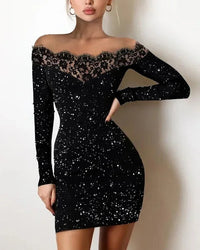 2024 New Spring Women's Fashion, Elegance, Leisure, Sexy Long sleeved Lace Edge, One Shoulder Silver Powder Sprinkled Dress