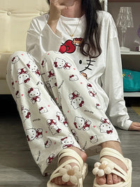 Women's Loose Round Neck Cute Kitty Homewear Pajamas Women's Simple Leisure Long Sleeve Long Pants Two-piece Suit Pajamas  Women