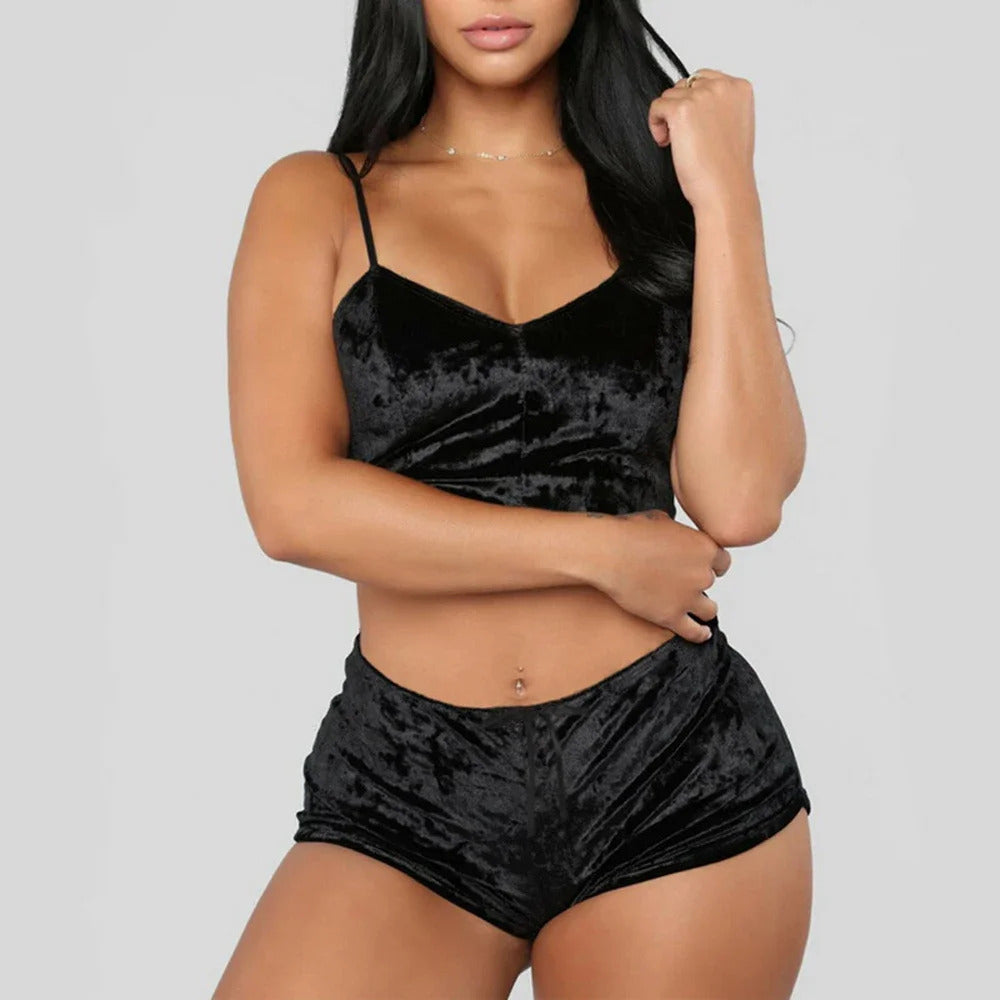 Women's Velvet Sleeveless V-neck Underwear Polyester Setcamisole+shorts Pajamas Set Comfortable Home Clothes Top Pants