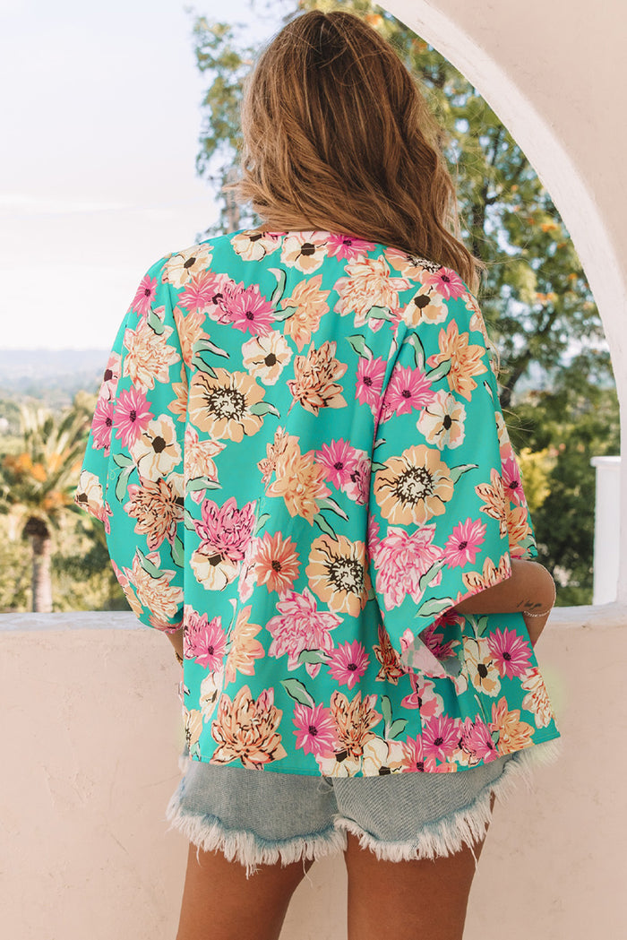 Green Vacay Floral Print Kimono