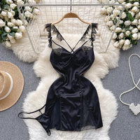 Deep V-neck Slim Fit High Waist Strap Dress Lace Patchwork Satin Sleepwear Sexy Elegant Retro Sleepdress Sleepwear Women Pajama