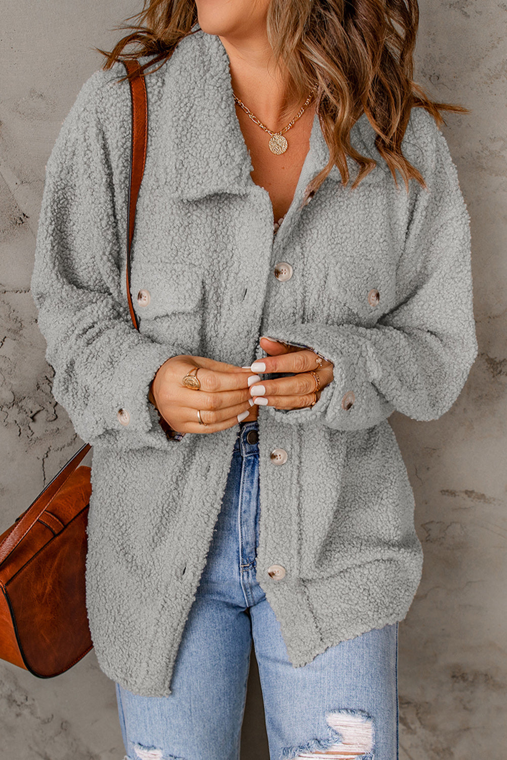 Gray Flap Pockets Button Front Teddy Jacket