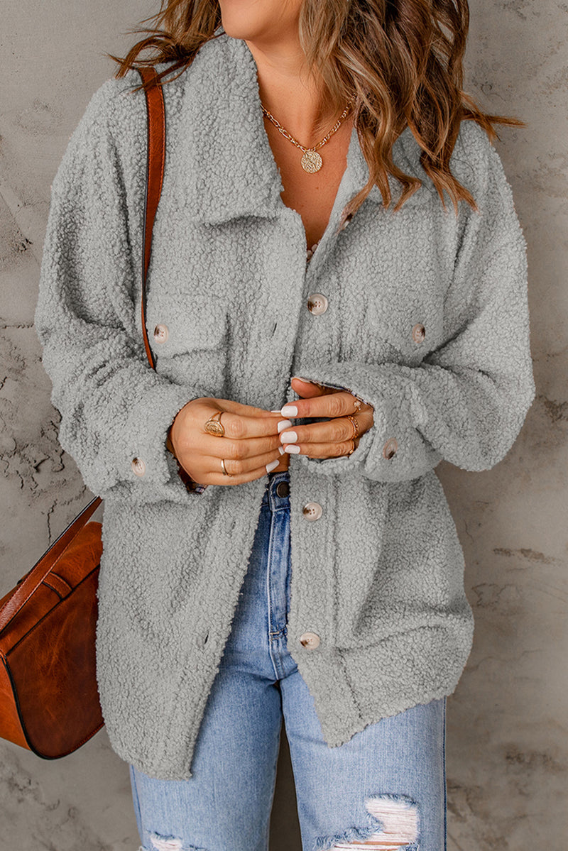 Gray Flap Pockets Button Front Teddy Jacket