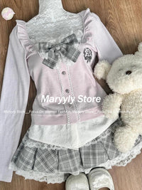 Japanese Sweet Preppy Style Skirt Set Women Kawaii Lace Patchwork Bow Tops + Y2k Plaid Mini Skirt Elegant Outifits 2 Piece Set