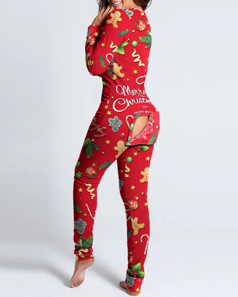 Sexy Pyjama Women's Jumpsuit Suit Button-down Front Back Butt Bum open Ass Flap Jumpsuit Loungewear Christmas Print Buttoned