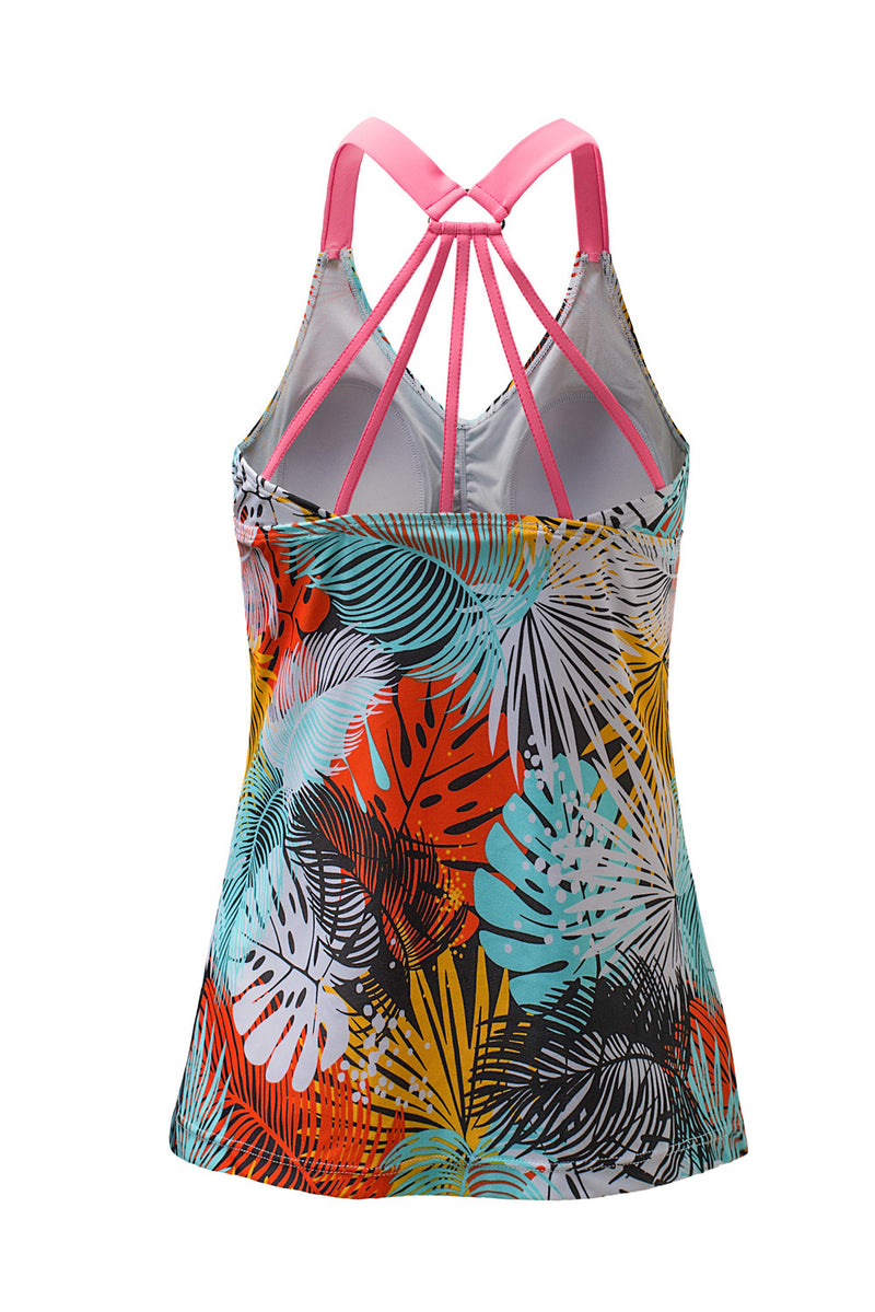 Yellow Floral Printed Strappy Racerback Tankini Swim Top