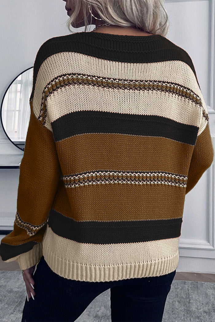 Coffee Striped Pattern Knit V Neck Sweater