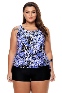 Bluish Dewdrop Print Blouson Tankini Swimsuit