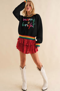 Black Glitter Merry & Bright Colorful Stripes Trim Sweater