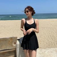 2024 New Korean One Piece Swimsuit Women Bathing Suit Solid Sexy Slip Dress Halter Bikini Set Hot Spring Swimwear