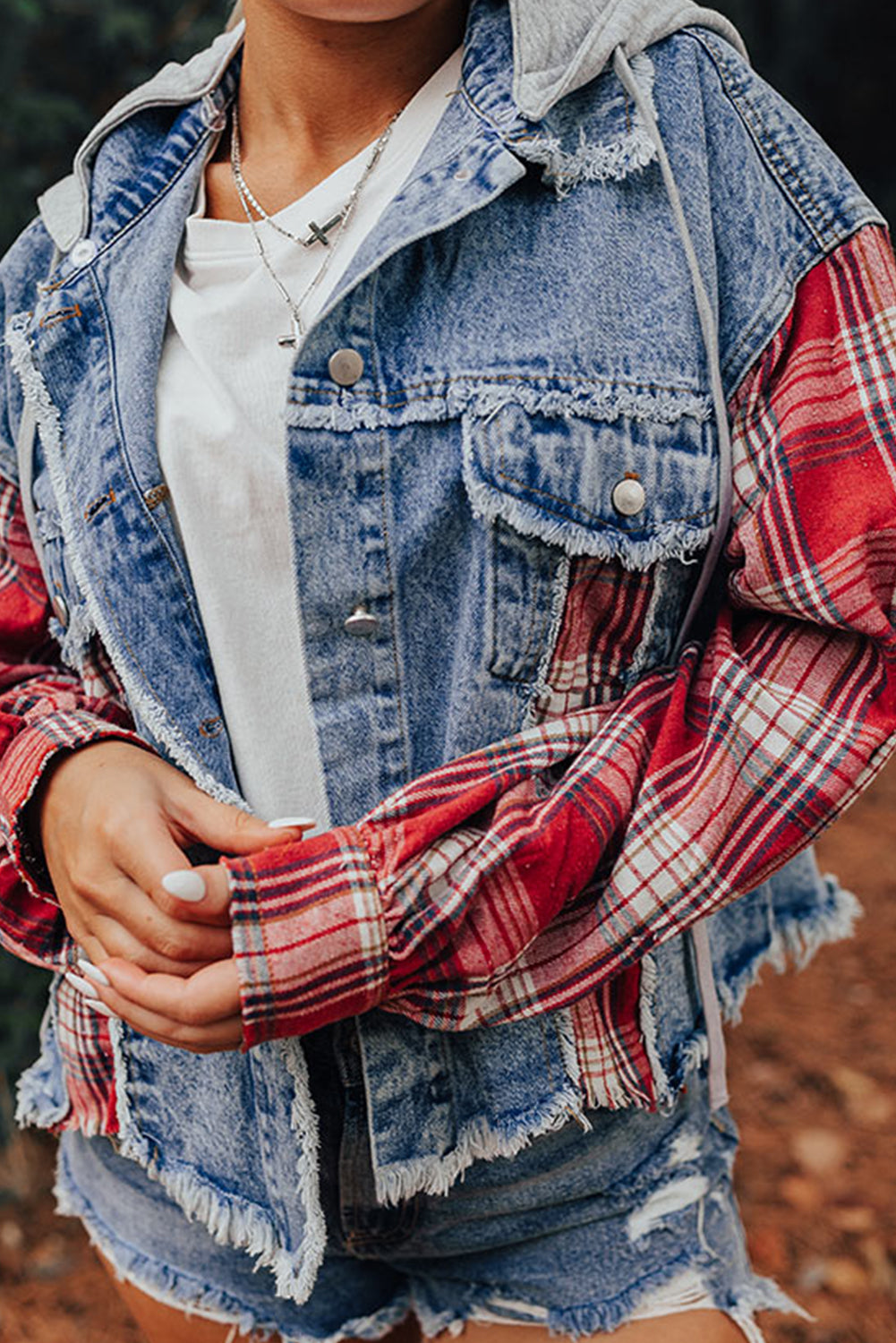 Beau Blue Plaid Print Patchwork Hooded Raw Hem Denim Jacket