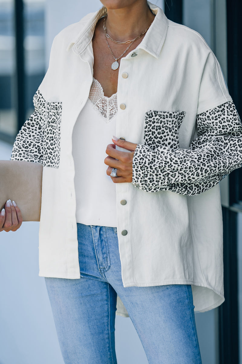 White Contrast Leopard Denim Jacket