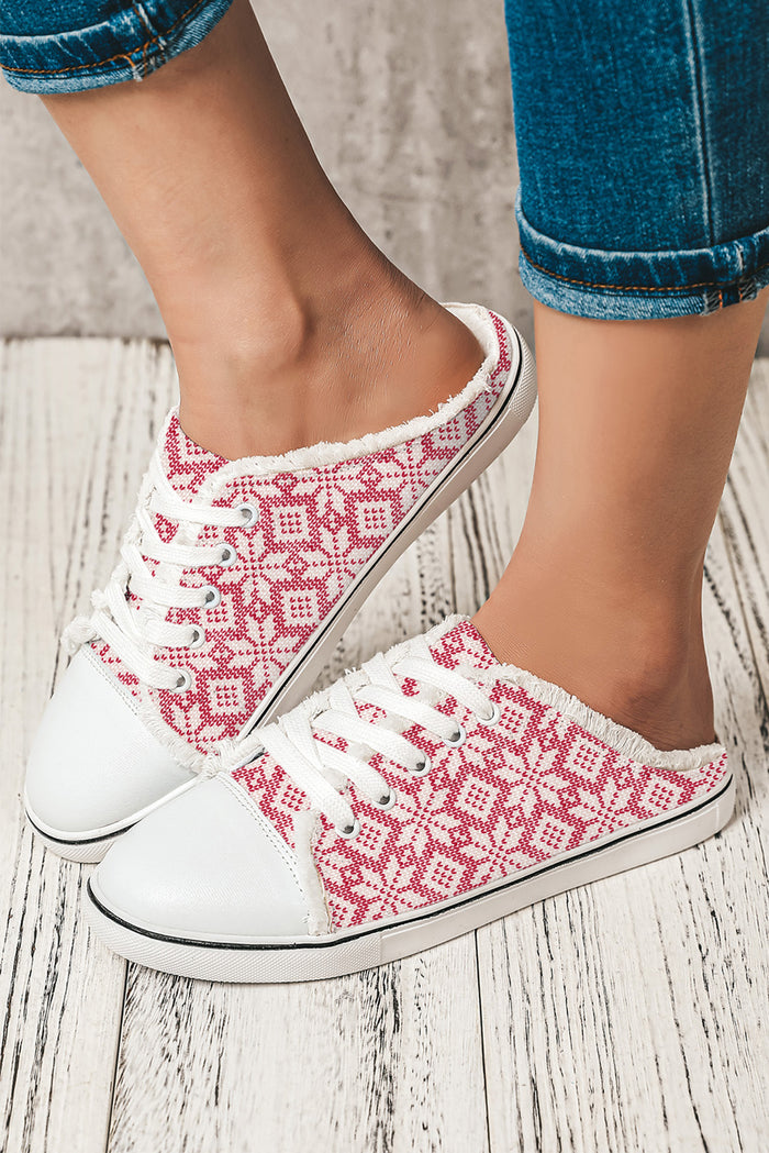 Strawberry Pink Snowflake Printed Frayed Lace-up Slip-on Shoes