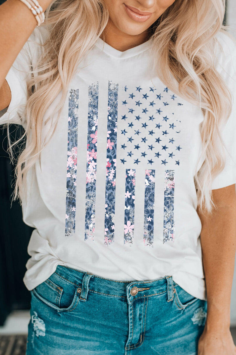 White Floral American Flag Graphic Tee