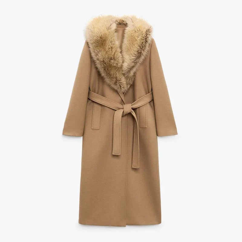 Elegant Woolen Lace Up Long Coat Women Mao Mao Big Lapel Long Sleeve Overcoat Female 2024 Winter Fashion Thicken Warm Coats Lady