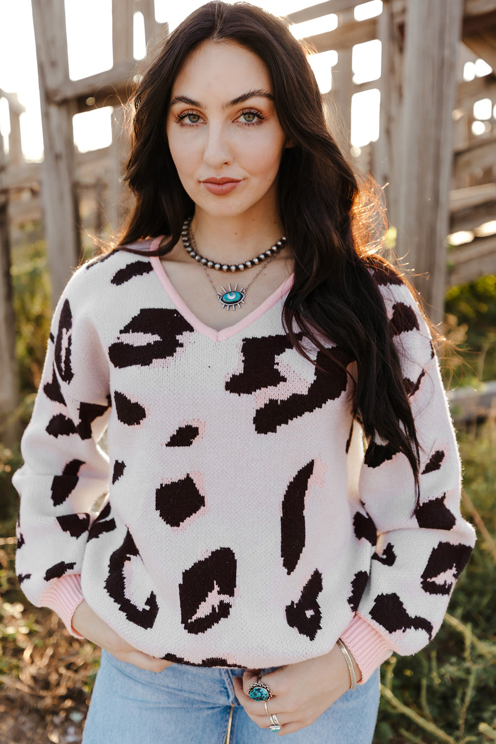 Contrast Trimmed V Neck Leopard Sweater