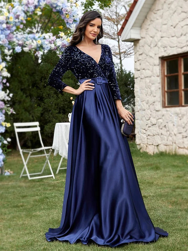 Lucyinlove Luxury Long Sleeve V-Neck Satin Formal Evening Dress 2024 Elegant Wedding Party Sequins Women Prom Cocktail Dresses