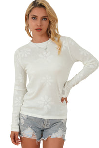 White Flower Knit Long Sleeve Sweater