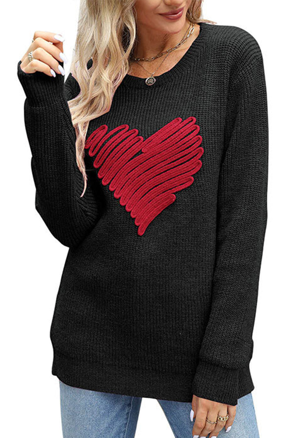 Black Valentines Heart Sketch Round Neck Sweater