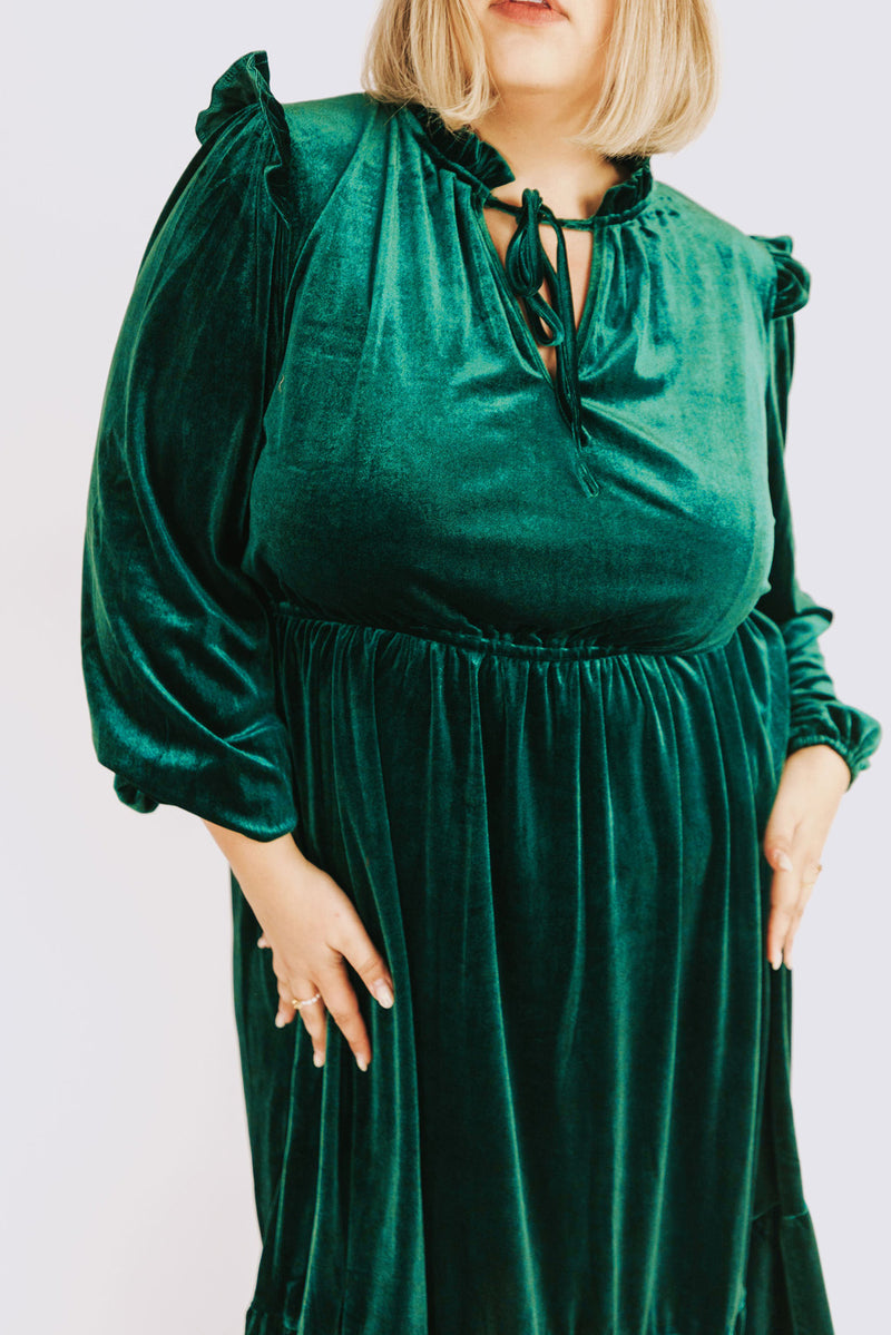 Blackish Green Velvet Frilled up Neck Ruffled High Waist Plus Size Midi Dress