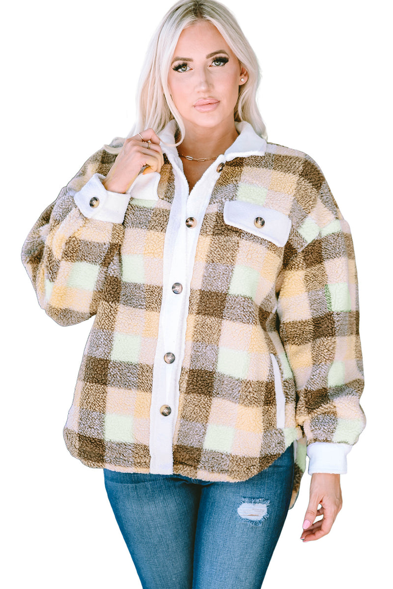 Khaki Plaid Sherpa Flap Pocket Shacket