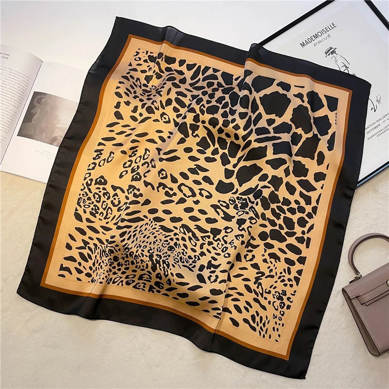 Fashionable 70*70cm Leopard Print Scarf For Women Spring/summer Soft Satin Borders Square Bandana Sun Protection Shawls