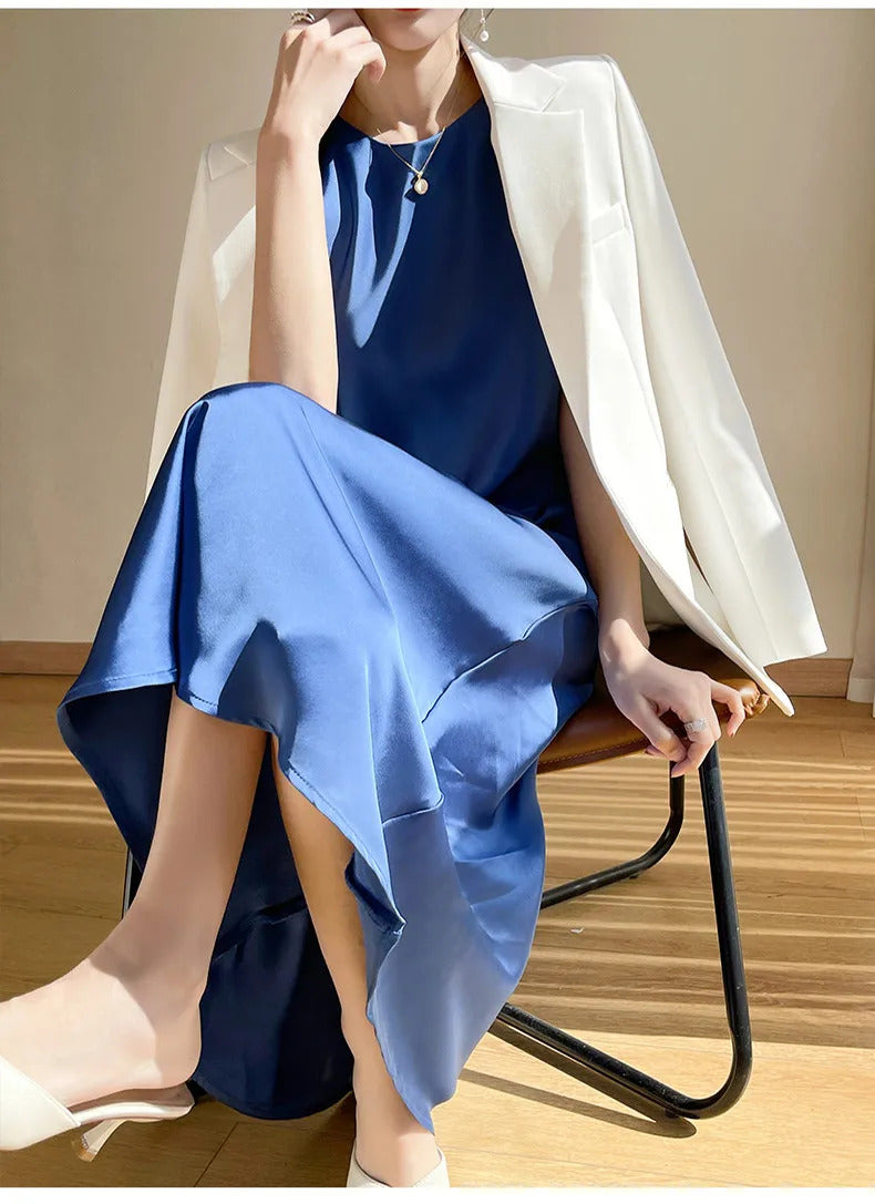 2024 Summer Robe long maxi Sundress Fashion Elegant Women's Acetate satin Dresses Sexy artificial silk Sleeveless Party Dress