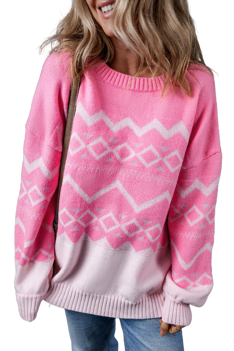 Pink Western Aztec Geometric Drop Shoulder Sweater