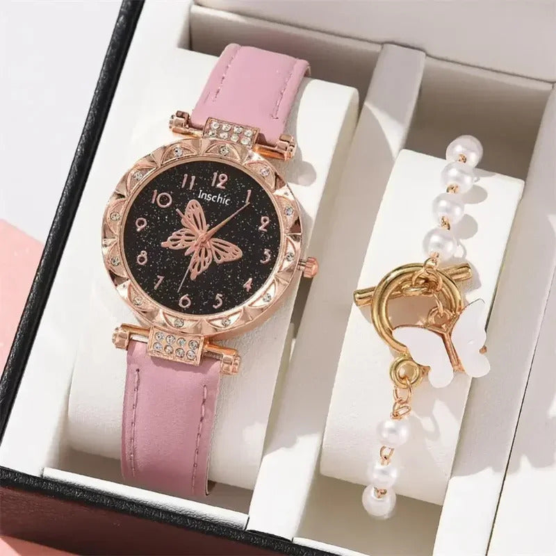 Women Fashion Watch Set No Box Quartz Wristwatch Luxury Crystal Rhinestone Pearl Quartz Watches Butterfly Watches Bracelet Set