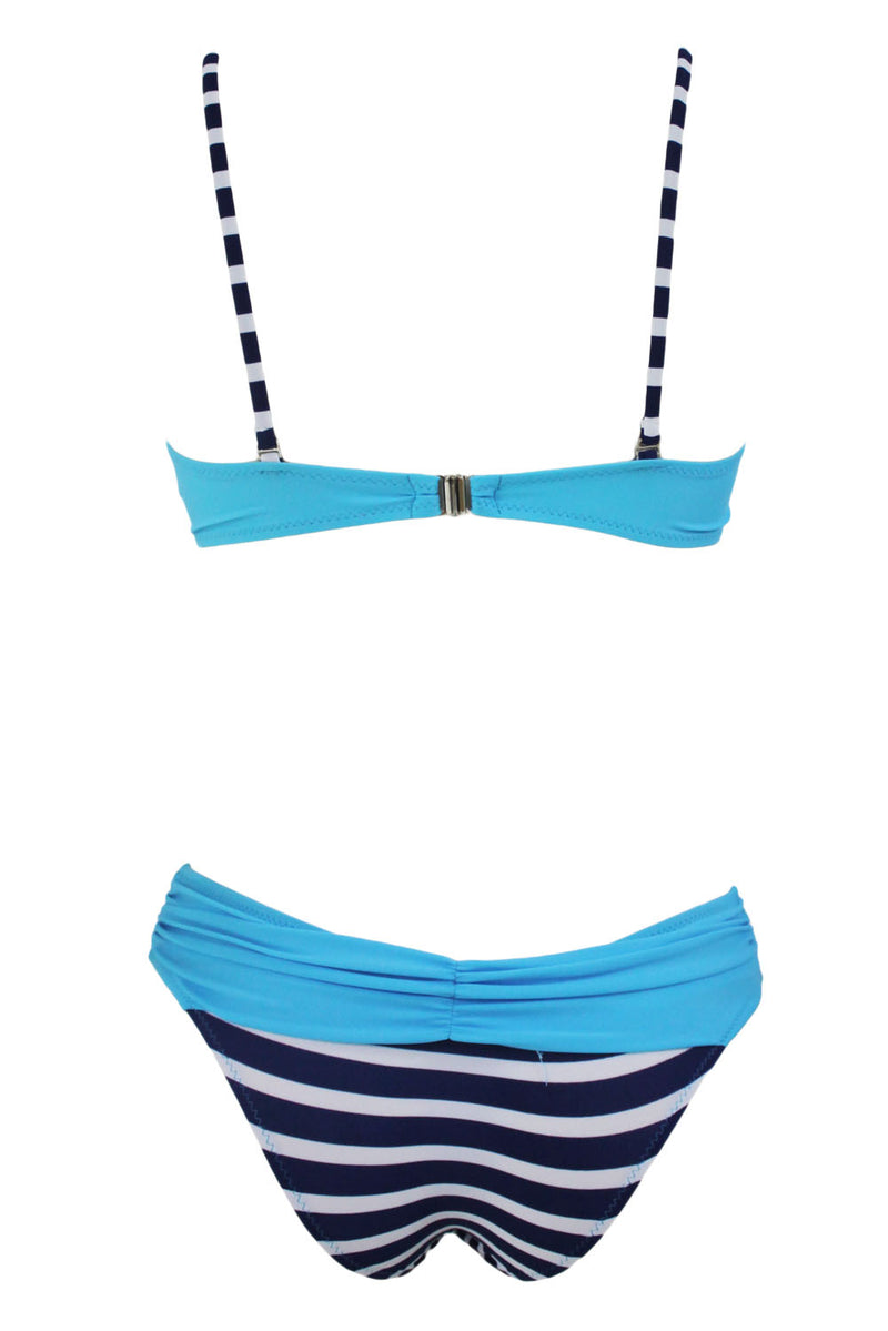 Sky Blue Geometric Padded Gather Push-up Bikini Set