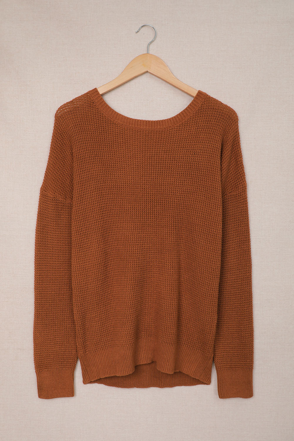 Brown Cross Back Hollow-out Sweater