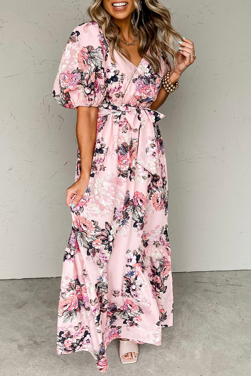 Women's Floral Puff Sleeve High Waist Maxi Dress