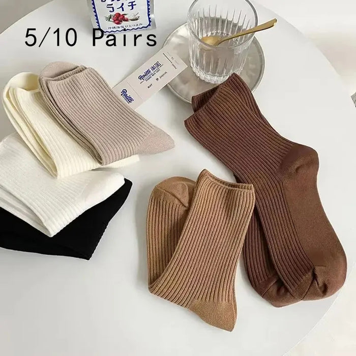 5/10 Pairs Solid Color Women Mid Length Socks Leisure High Quality Spring Autumn Simplicity Stripe Soft Breathable Women's Socks