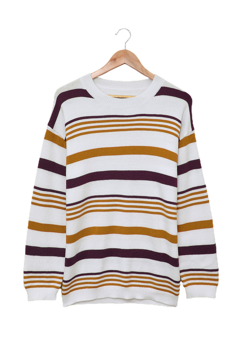 Brown Striped Crewneck Long Sleeve Sweater